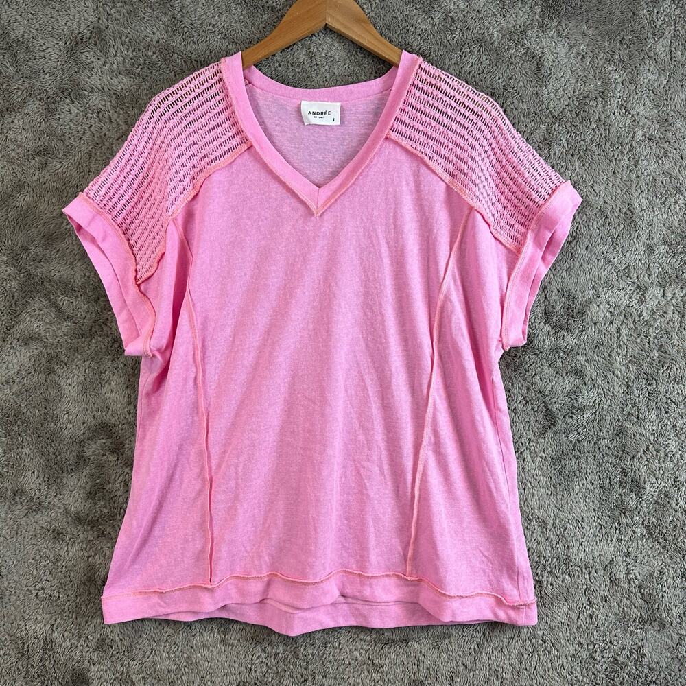 Andree by Unit V Neck T Shirt Top Crochet Slub Knit Exposed Seams L Large